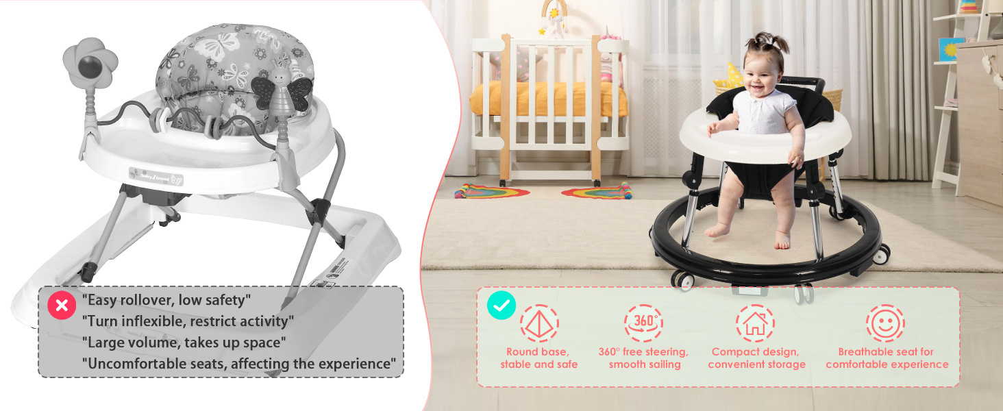 baby walker foldable with 9 adjustable   baby walkers and activity center for boys girls babies 6 12 months baby walker and bouncer combo with wheels portable anti     Product details 0