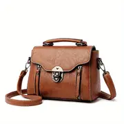 vintage turn lock square satchel bag solid color shoulder bag womens classic crossbody bag details 4