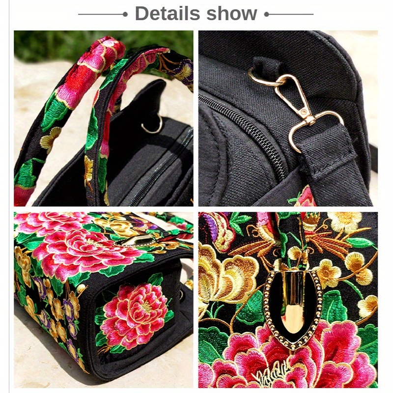 flower embroidered handbags ethnic style crossbody bag canvas satchel purse for women details 4