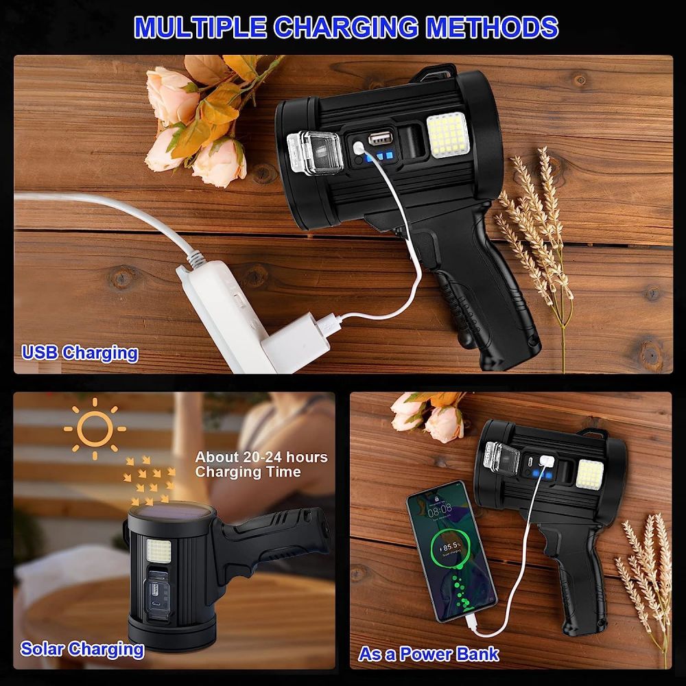 rechargeable spotlight flashlight ultra bright 200000 lumen spotlight with stand with 3 main modes and 4 color filters led spotlight outdoor handheld usb cable included suitable for boating hunting camping details 4