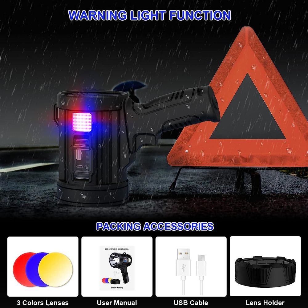 rechargeable spotlight flashlight ultra bright 200000 lumen spotlight with stand with 3 main modes and 4 color filters led spotlight outdoor handheld usb cable included suitable for boating hunting camping details 2