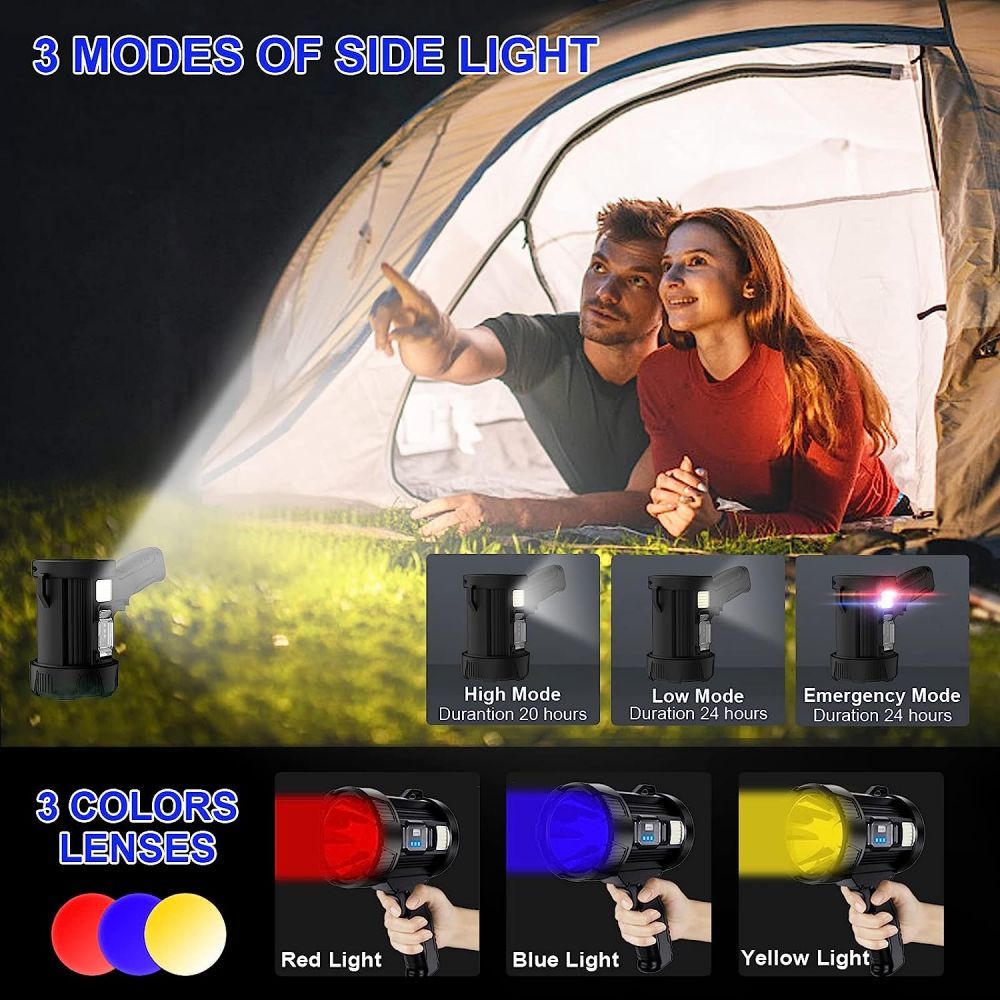 rechargeable spotlight flashlight ultra bright 200000 lumen spotlight with stand with 3 main modes and 4 color filters led spotlight outdoor handheld usb cable included suitable for boating hunting camping details 3