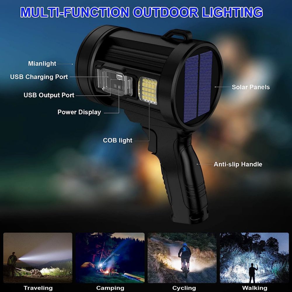 rechargeable spotlight flashlight ultra bright 200000 lumen spotlight with stand with 3 main modes and 4 color filters led spotlight outdoor handheld usb cable included suitable for boating hunting camping details 1