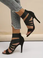 womens open toe stiletto sandals elastic criss cross strap back zipper high heels fashion all match sandals details 0