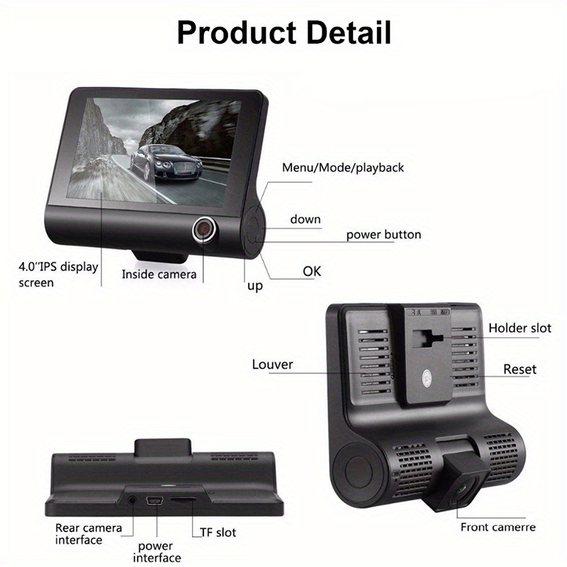 car dvr 3 lens dash cam 4 0 inch black box video recorder front inside rear view dashcam with night vision bakup camera 32gb memory card optional details 1