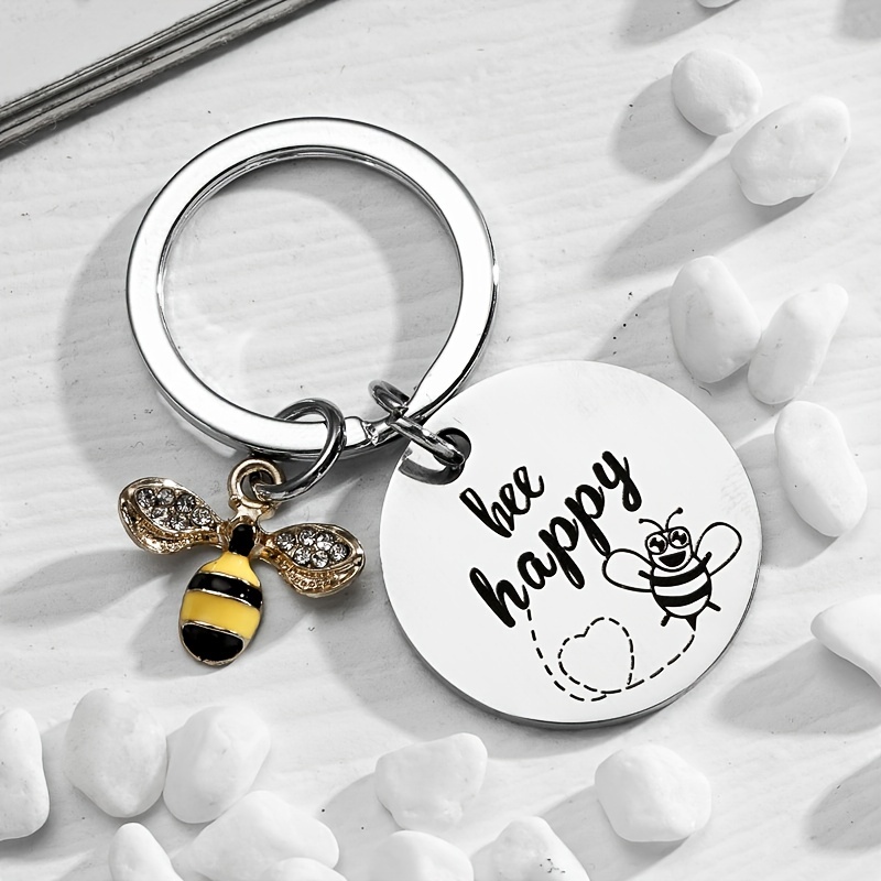 bee happy keychain for women bee lovers gifts for mom aunt daughter son niece nephew friends keyring bee key chain inspirational jewelry for birthday christmas graduation gift details 2