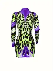leopard print zip up dress party club wear long sleeve bodycon dress womens clothing details 4