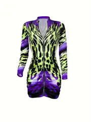 leopard print zip up dress party club wear long sleeve bodycon dress womens clothing details 5