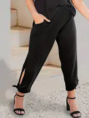 plus size casual pants womens plus solid cut out tie side tapered leg pants with pockets details 6