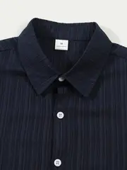 mens casual striped short sleeve sweatsuit set with button shirt collar and elastic waist pants woven polyester spandex blend two piece set with belt detail for summer details 31