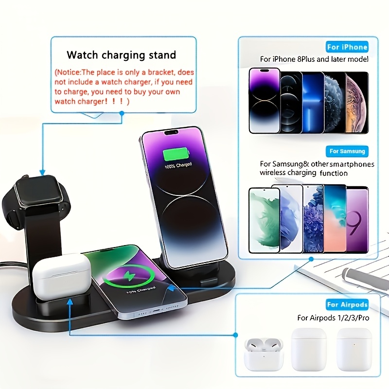 6 in 1 15w wireless charger for fast charging is suitable for iphone iwatch   which can charge 4 phones   earphone simultaneously   is a stand with watch charging made of abs suitable for desktop work learning and drama use details 3