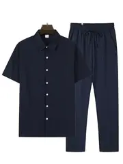 mens casual striped short sleeve sweatsuit set with button shirt collar and elastic waist pants woven polyester spandex blend two piece set with belt detail for summer details 29