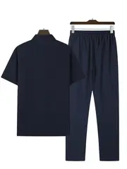 mens casual striped short sleeve sweatsuit set with button shirt collar and elastic waist pants woven polyester spandex blend two piece set with belt detail for summer details 30