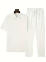 mens casual striped short sleeve sweatsuit set with button shirt collar and elastic waist pants woven polyester spandex blend two piece set with belt detail for summer details 13