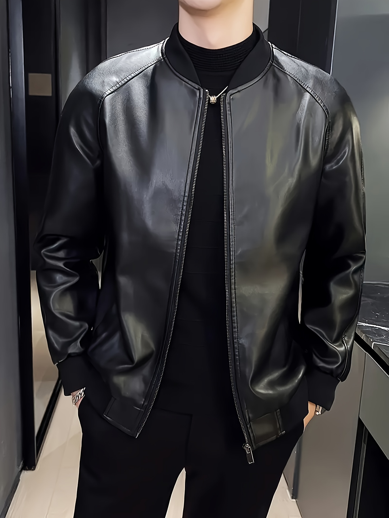 mens pu leather jacket casual baseball collar zip up with pockets loose fit machine washable casual attire details 4