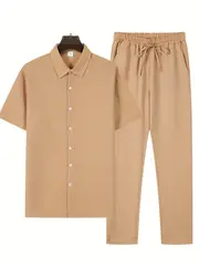mens casual striped short sleeve sweatsuit set with button shirt collar and elastic waist pants woven polyester spandex blend two piece set with belt detail for summer details 21
