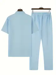mens casual striped short sleeve sweatsuit set with button shirt collar and elastic waist pants woven polyester spandex blend two piece set with belt detail for summer details 46