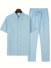 mens casual striped short sleeve sweatsuit set with button shirt collar and elastic waist pants woven polyester spandex blend two piece set with belt detail for summer details 45