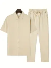 mens casual striped short sleeve sweatsuit set with button shirt collar and elastic waist pants woven polyester spandex blend two piece set with belt detail for summer details 5