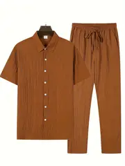 mens casual striped short sleeve sweatsuit set with button shirt collar and elastic waist pants woven polyester spandex blend two piece set with belt detail for summer details 37