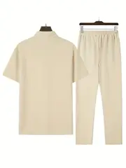 mens casual striped short sleeve sweatsuit set with button shirt collar and elastic waist pants woven polyester spandex blend two piece set with belt detail for summer details 6