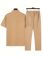 mens casual striped short sleeve sweatsuit set with button shirt collar and elastic waist pants woven polyester spandex blend two piece set with belt detail for summer details 22
