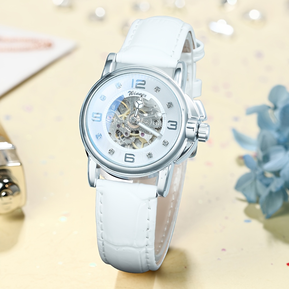 1pc t   womens luxury skeleton automatic mechanical watch elegant luminous hands stainless     leather strap business casual wristwatch with box date display quartz movement elegant watch skeleton watch automatic mechanical watch details 0