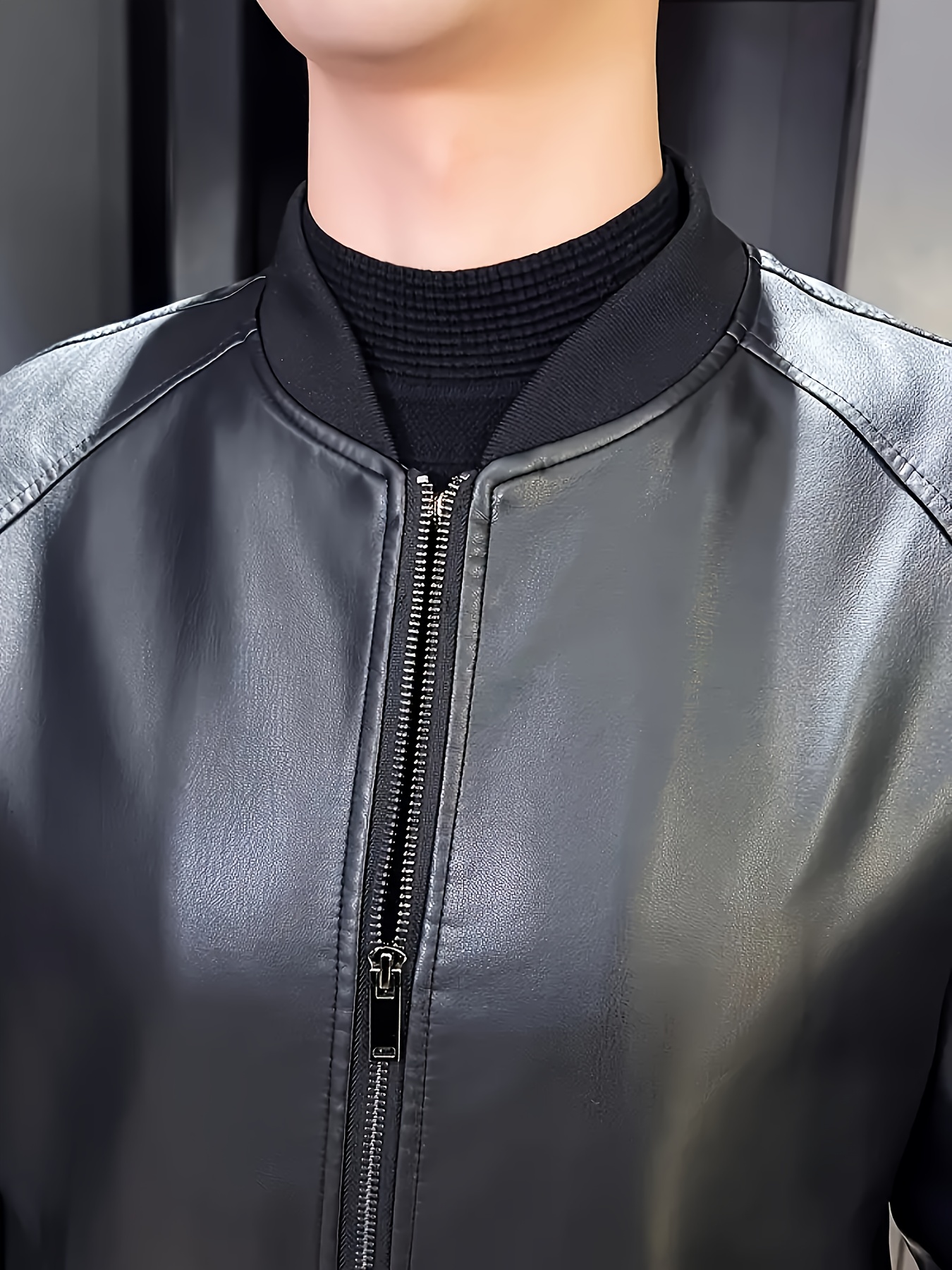 mens pu leather jacket casual baseball collar zip up with pockets loose fit machine washable casual attire details 2