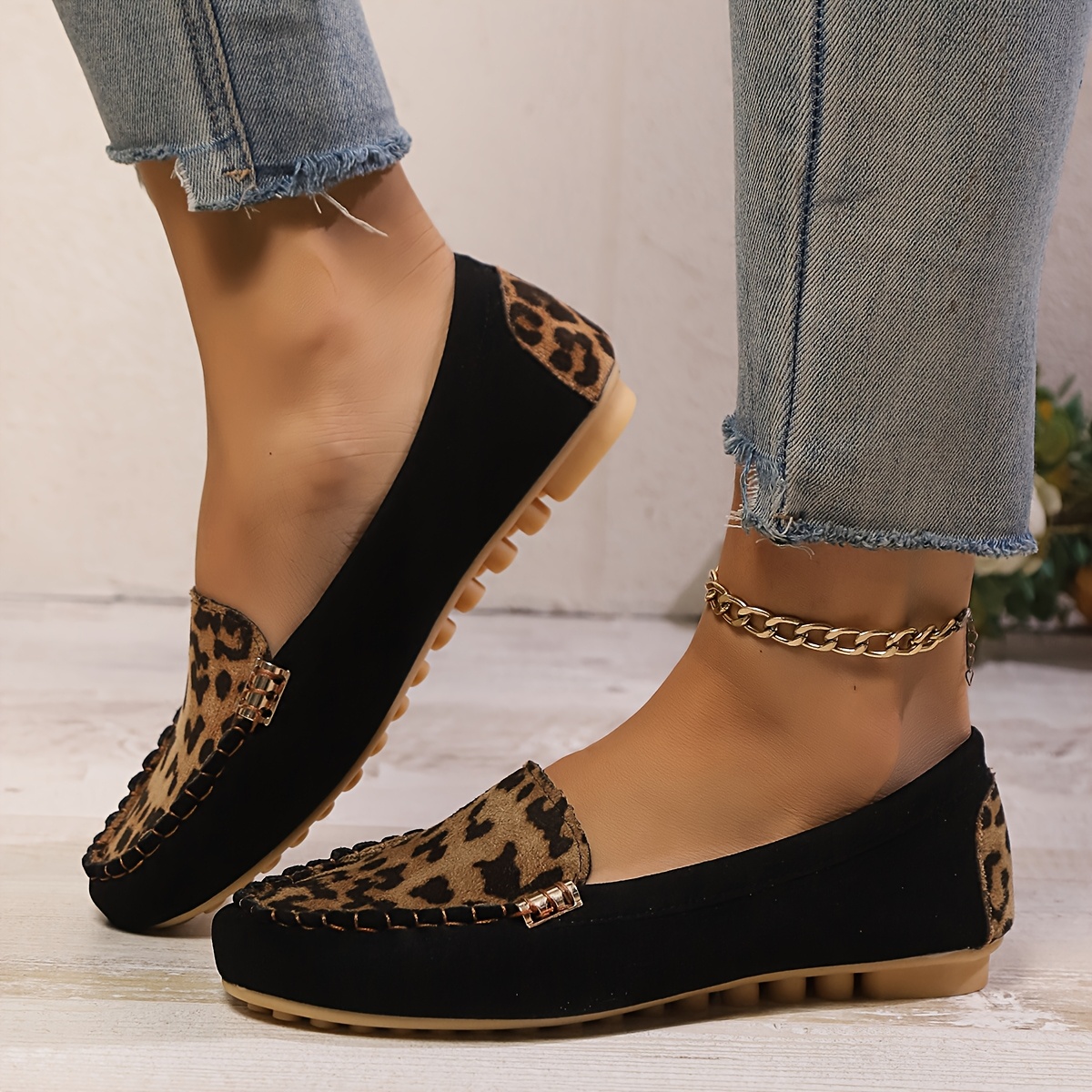 womens leopard print   loafers black cover slip on shoes with metallic chain detail animal print fabric   season   footwear plain toe   cushioned insole durable pvc sole  able walking leopard pattern shoes cover loafers leopard print shoes details 0