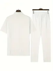 mens casual striped short sleeve sweatsuit set with button shirt collar and elastic waist pants woven polyester spandex blend two piece set with belt detail for summer details 14