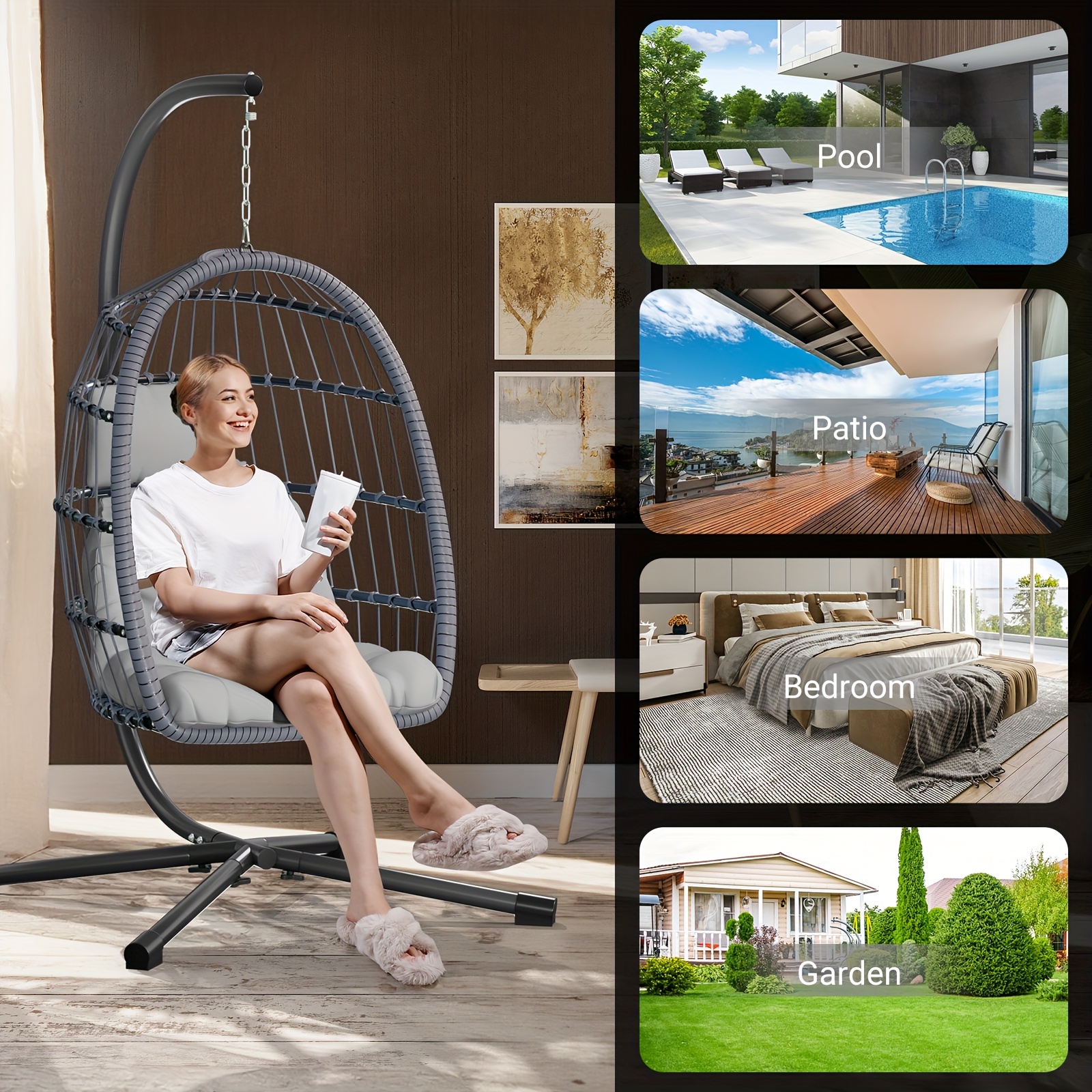   egg chair with stand sturdy rattan wicker hanging swing for patio porch or garden thickened aluminum   uv resistant cushion 350lbs capacity grey easy to assemble comfortable for indoor outdoor use egg chair for outside details 5