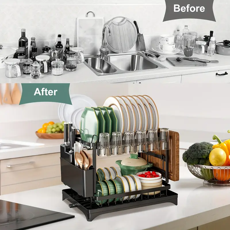 2 tier carbon steel dish rack with utensil holder cup hooks space saving double layer design for kitchen counter organization black white no electricity required dish drying rack sleek black durable kitchen rack dish drying rack Product details 4
