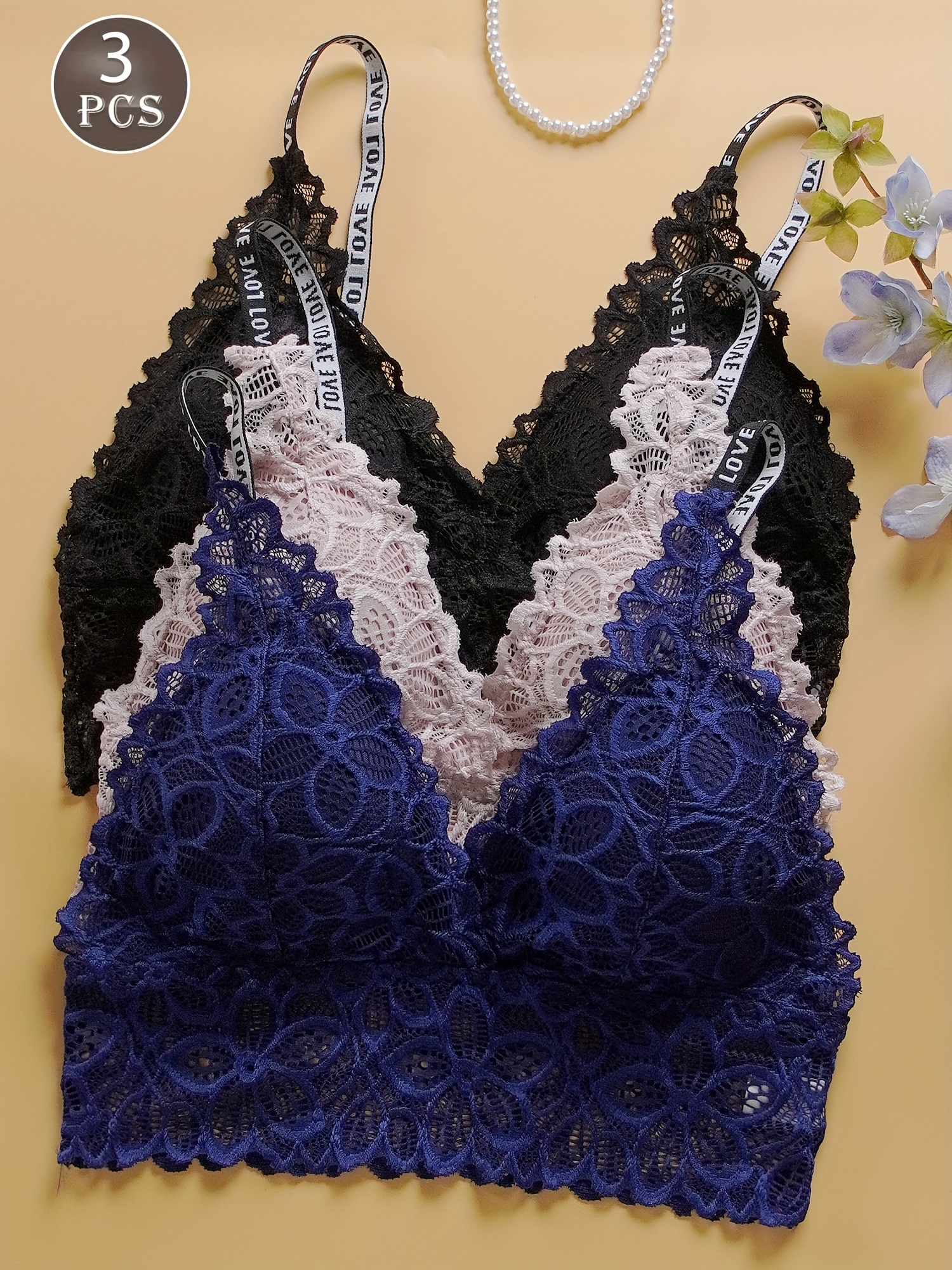 multi color free combination three piece female sexy wireless flower lace bra detachable pad love printed strap light underwear set details 5